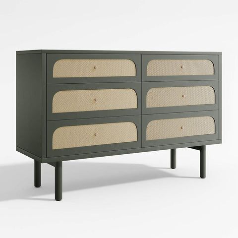Maren Olive Green Cane Wood 6-Drawer Dresser | Boho Bedroom Storage – Oakvello