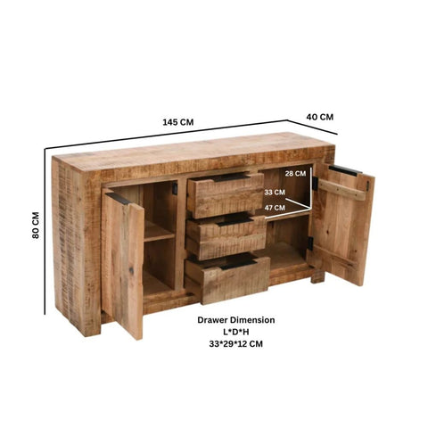 Large Solid Mango Wood Sideboard | 2 Doors & 3 Drawers Living Room Storage – Oakvello