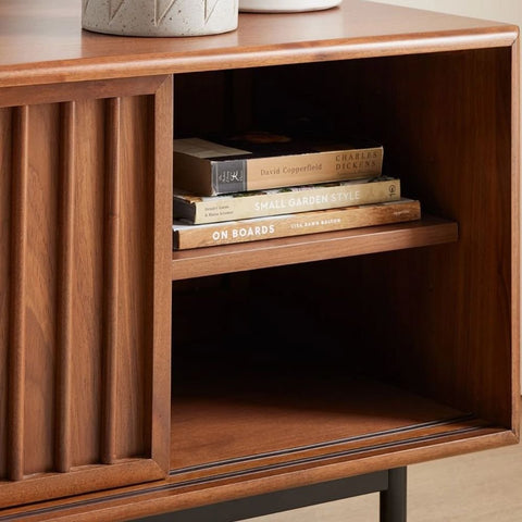 Slatted Solid Wood Media Console Table | TV Stand & Living Room Storage – Oakvello