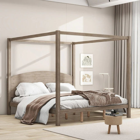 Modern Brown King Size Platform Bed with Headboard | Solid Wood Bedroom Furniture – Oakvello