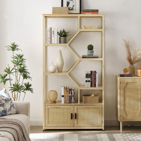 7-Tier Solid Wood Bookshelf with Cabinet | Living Room Display & Storage – Oakvello