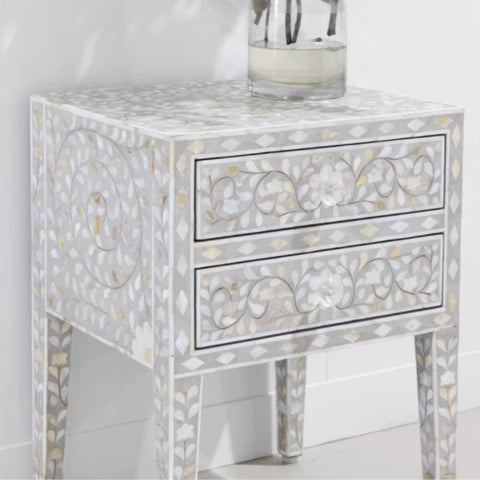 Jaipuri Floral Mother of Pearl 2-Drawer Bedside Table | Handcrafted Nightstand – Oakvello