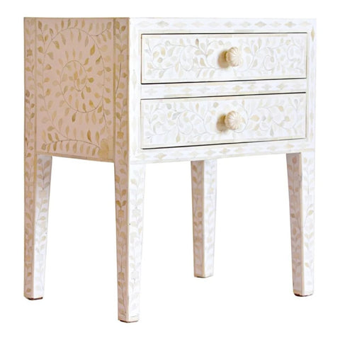 Jaipuri White Floral Bone Inlay 2-Drawer Bedside Table | Handcrafted Nightstand – Oakvello