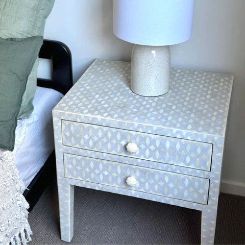 Jaipuri Grey Lattice Bone Inlay Bedside Table | Handcrafted Nightstand – Oakvello