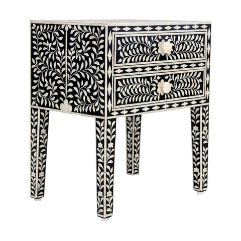 Ajmeri Black Floral Bone Inlay 2-Drawer Bedside Table – Oakvello