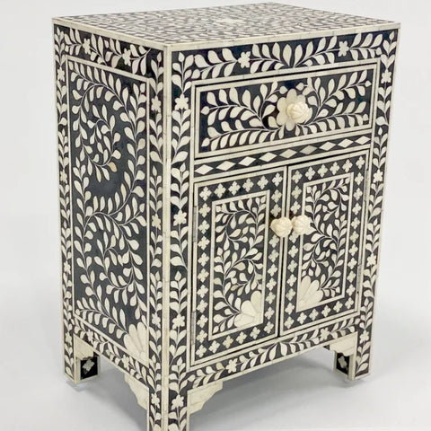 Ajmeri Black Floral Bone Inlay Bedside Table with Cabinet – Oakvello