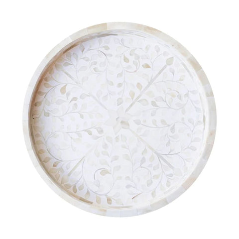 White Floral Bone Inlay Round Tray | Handcrafted Artisan Decorative Accessory – Oakvello