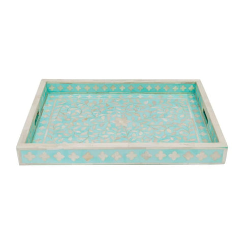 Aqua Green Floral Bone Inlay Decorative Tray | Handcrafted Artisan Accessory – Oakvello