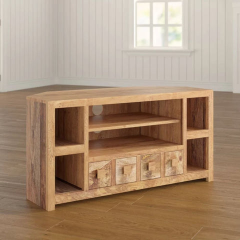 Jodhpuri Light Mango Wood Corner TV Unit | Solid Wood Media Console – Oakvello