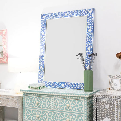 Blue Floral Bone Inlay Rectangle Mirror | Handcrafted Artisan Wall Decor – Oakvello