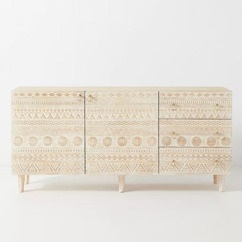 Carved Solid Mango Wood Sideboard | Handcrafted Living Room Storage – Oakvello