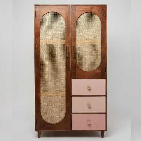 Rattan & Solid Wood Wardrobe | Boho Bedroom Storage Furniture – Oakvello