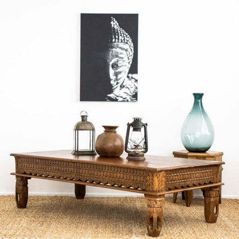 Jaipuri Solid Wood Coffee Table | Heritage Living Room Centre Table – Oakvello