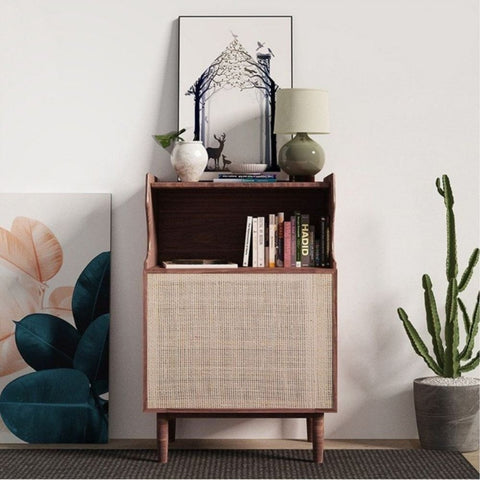 Natural Solid Wood & Cane Bedside Table | Boho Bedroom Nightstand – Oakvello