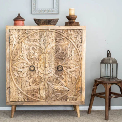 Hand Carved Artisanal Solid Wood Cabinet | Handcrafted Storage Furniture – Oakvello