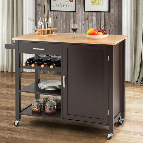 Brown Solid Wood Trolley Storage Cabinet | Mobile Kitchen & Living Room Furniture – Oakvello