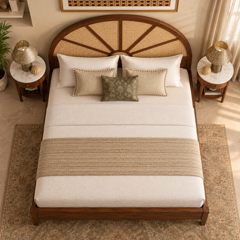 Surya Bed | Sunburst Arch Sheesham Wooden Bed | Cane Woven Headboard | King & Queen Size | Oakvello