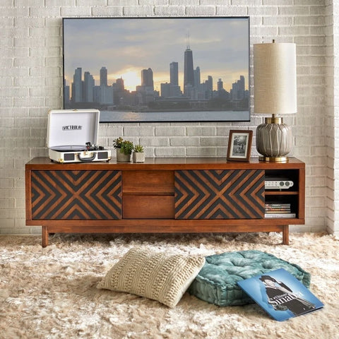 Mid-Century Geometric Solid Wood TV Stand | Tobacco Brown & Black Media Console – Oakvello