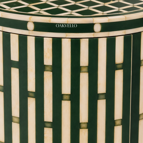 Emerald Lattice Bedside Chest – Bone Inlay Drum Nightstand