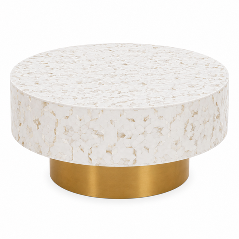 Round Pearl Inlay Coffee Table with Brass Gold Base | 90cm