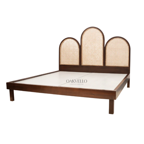 Solenne Arch Bed | Triple Arch Rattan Cane Headboard & Solid Teak Wood Frame