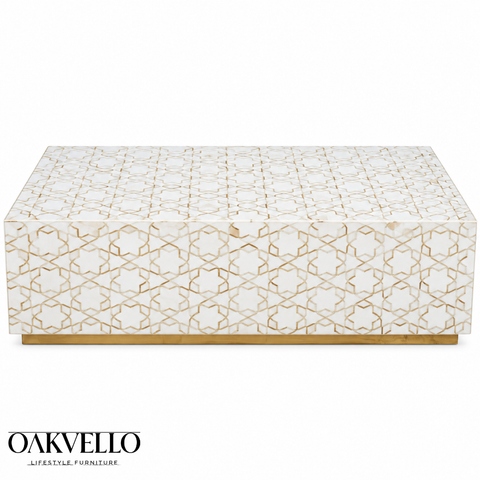 Handcrafted White and Gold Bone Inlay Coffee Table I Oakvello