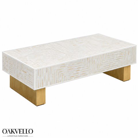 Handcrafted White and Gold Bone Inlay Coffee Table I Oakvello