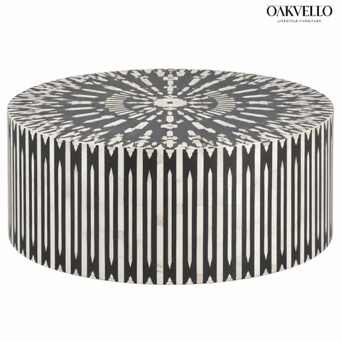 Black Stripe Round Bone Inlay Coffee Table | Handcrafted Artisan Living Room Furniture – Oakvello