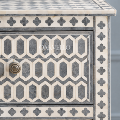 Bone Inlay Geometric 2-Drawer Bedside Table – Grey & White