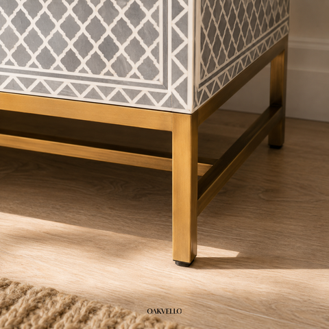 Bone Inlay Moroccan Trellis 4-Door Sideboard – Grey & White