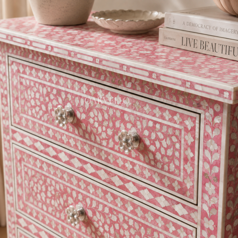 Pink Floral Bone Inlay 7-Drawer Dresser