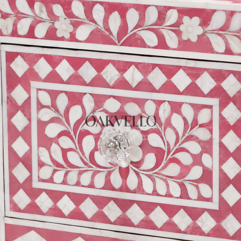 Blush Rose Floral Bone Inlay 2-Drawer Bedside Table