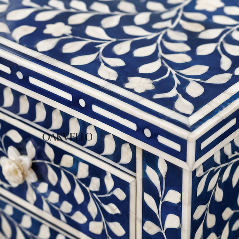 Bone Inlay Floral Console Table – Navy Blue & White