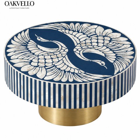 Azure Peacock Bone Inlay Coffee Table| Handcrafted Artisan Living Room Centre Table – Oakvello