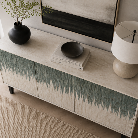 Green Carved Bone Inlay Cabinet | Handcrafted Artisan Storage Furniture – Oakvello