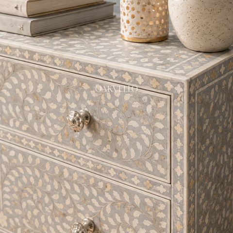 Bone Inlay Floral 3-Drawer Dresser – White & Grey