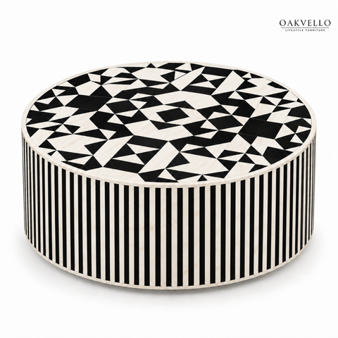 Black & White Diamond Round Bone Inlay Coffee Table | Handcrafted Artisan Living Room Furniture – Oakvello