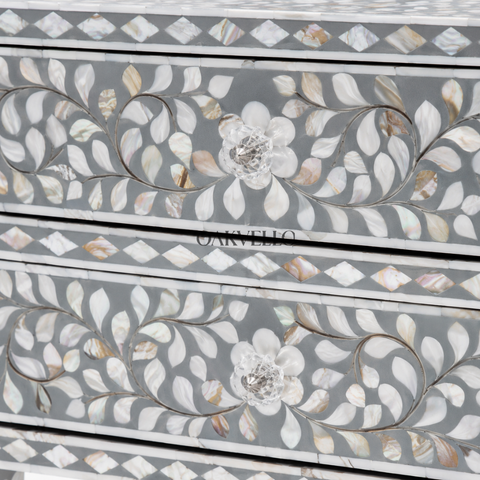 Ivory Floral Bloom Bone Inlay Bedside Table with Double Drawers