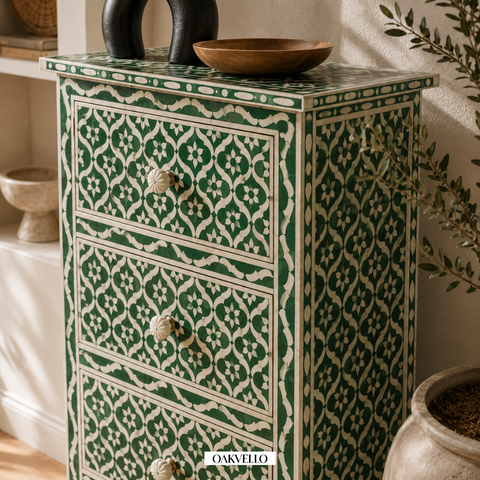 Bone Inlay Geometric Tall Chest of Drawers – Forest Green