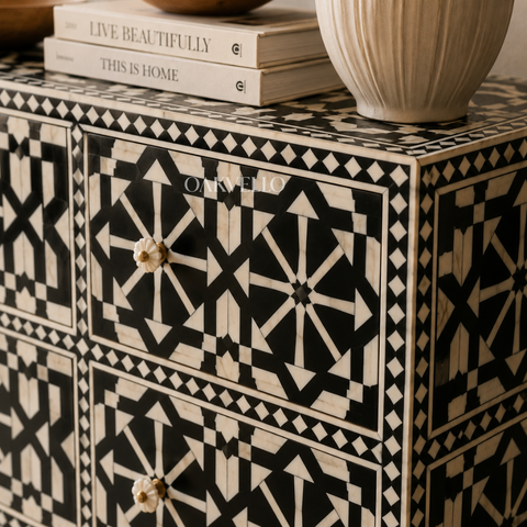 Bone Inlay Geometric 9-Drawer Sideboard – Black & White