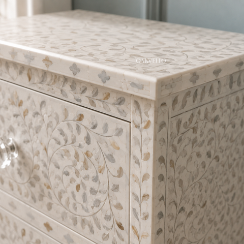 Bone Inlay Floral Tall Chest of Drawers – Grey