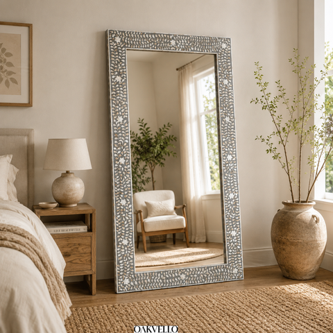 Shell Inlay Geometric Hexagon Full Length Floor Mirror – Grey & White