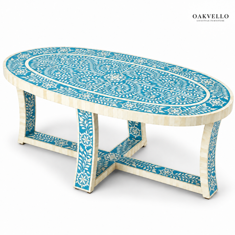 Oakvello Handcrafted Blue and White Bone Inlay Oval Coffee Table