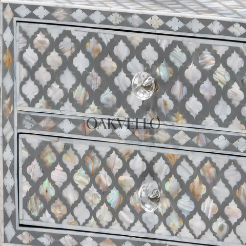 Moroccan Trellis Grey & White Bone Inlay 2-Drawer Bedside Table