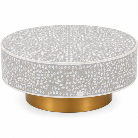 Round Bone Inlay Floral Coffee Table with Brass Gold Base