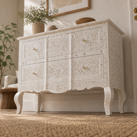 Bone Inlay Floral Chest of Drawers – White