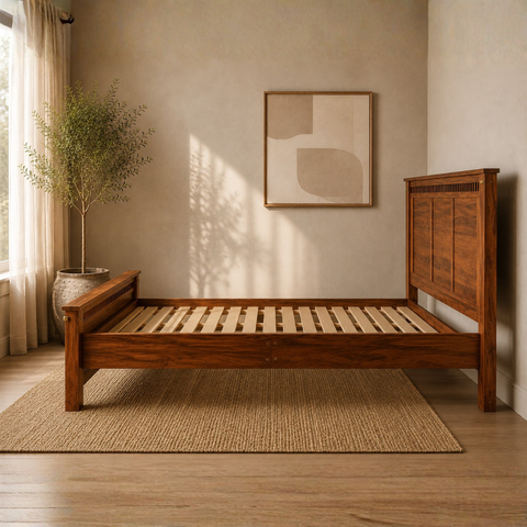 Timber Panel Bed | Solid Mango Wood Bed with Slatted Base | Oakvello
