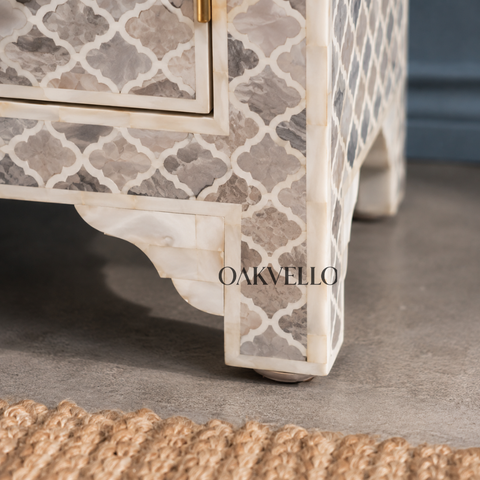 Bone Inlay Moroccan Trellis 1-Drawer 2-Door Bedside Cabinet – Grey & White