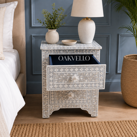 Grey Floral Bone Inlay 2-Drawer Bedside Table