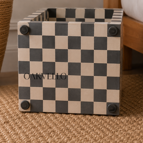 Checkerboard Bone Inlay Open Cube Bedside Table